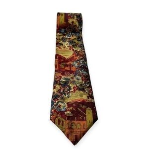Halston III Floral Scenic Multi-Colored Tie 100% Italian Silk